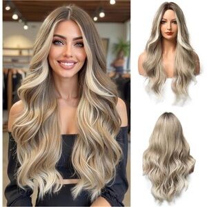 Womens Natural 24” Hair Heat Resistant Brown Ombre Ash Blonde NEW